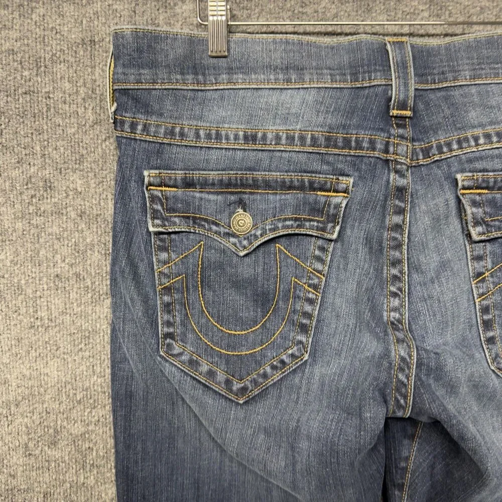 True Religion Ricky W/Flap Jeans Mens 38x26 Blue Relaxed Straight USA Short Hem